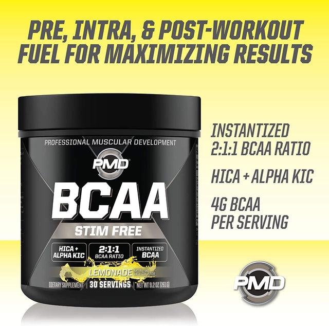 PMD Sports BCAA Stim-Free Amino Acids - Better Workout Performance, Enhanced Recovery, Daily Energy, Muscle Builder, and Muscle Sparing - BCAA Powder Drink Mix - Lemonade (30 Servings)