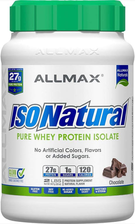 ALLMAX ISONATURAL Whey Protein Isolate, Chocolate - 2 Lb - 27 Grams of Protein per Scoop - Zero Fat & Sugar - 99% Lactose Free - with Prebiotics - No Artificial Flavors - Approx. 29 Servings