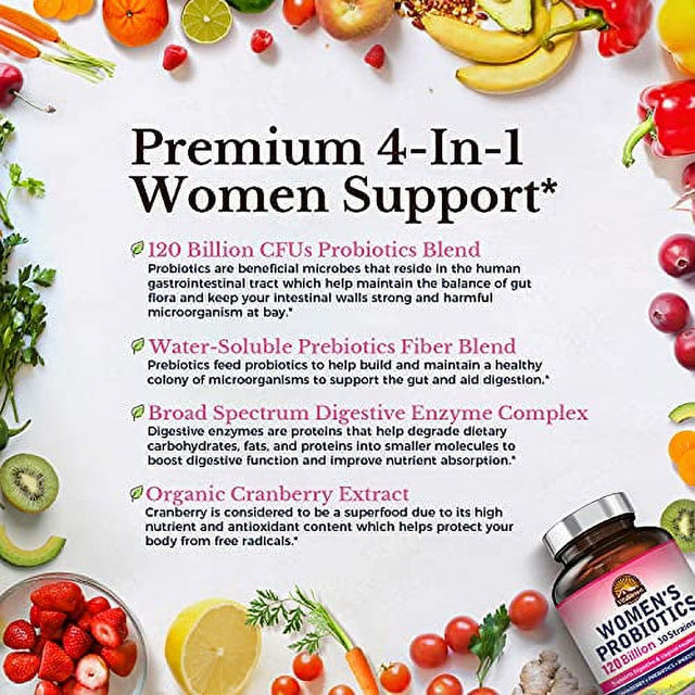 Women"Probiotics 120 Billion Cfus 1 Daily | 30 Strains, with Prebiotics & Digestive Enzymes & Cranberry | Shelf Stable | Gut & Vaginal Health | Vegan Non-Gmo | 30 Delayed Releas