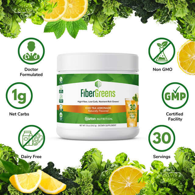 Iced Tea Lemonade Fiber Greens - Low-Carb Probiotics for Gut Health - Blood Function Support - Naturally Flavored Probiotic Formula with 30 Superfoods - Protects Heart Health, 30 Servings