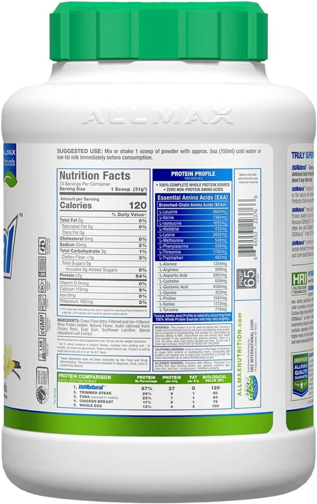 ALLMAX ISONATURAL Whey Protein Isolate, Vanilla - 5 Lb - 27 Grams of Protein per Scoop - Zero Fat & Sugar - 99% Lactose Free - with Prebiotics - No Artificial Flavors - Approx. 73 Servings