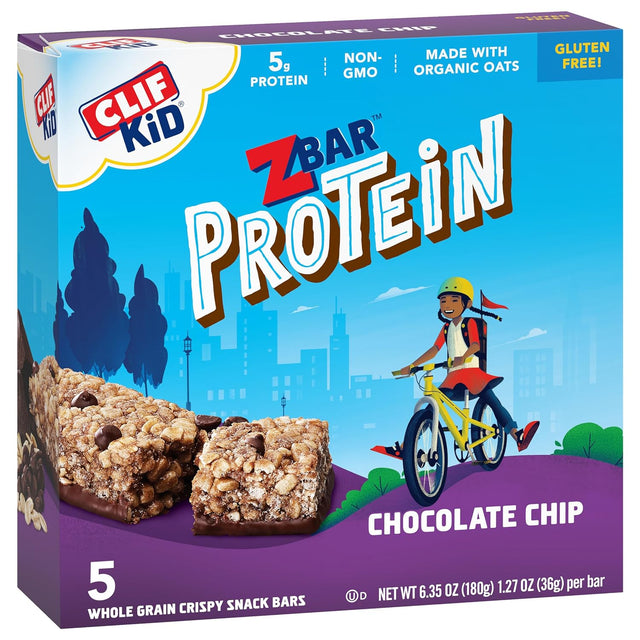 CLIF Kid Zbar Protein - Chocolate Chip - Crispy Whole Grain Snack Bars - Made with Organic Oats - Non-Gmo - 5G Protein - 1.27 Oz. (5 Pack)