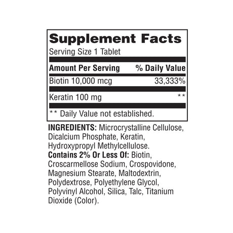 Spring Valley Extra Strength Biotin plus Keratin Tablets Dietary Supplement, 10,000 Mcg, 60 Count