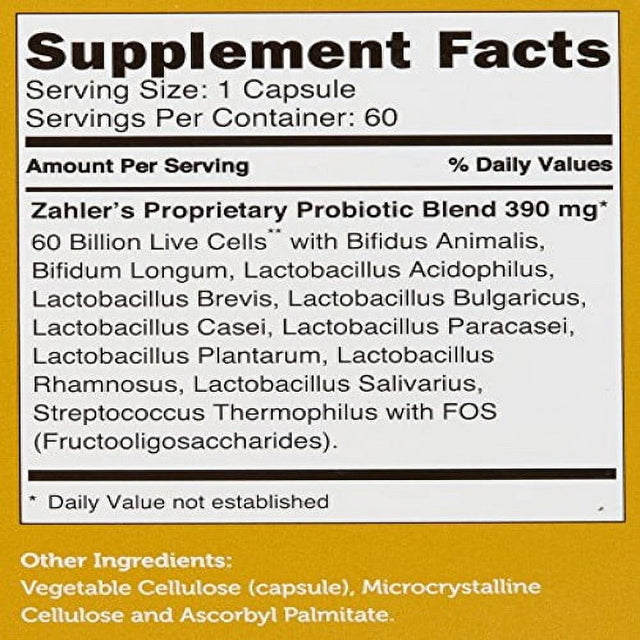 Zahler Biodophilus, All Natural Advanced Probiotic Supplement, Helps Promote Digestive Health, 60 Billion Live Culturesper Serving, Optimal Acidophilus for Women and Men, Certified Kosher, 60 Capsule