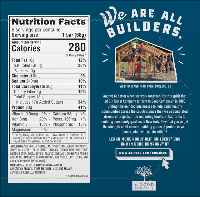 CLIF Builders - Vanilla Almond Flavor - Protein Bars - Gluten-Free - Non-Gmo - Low Glycemic - 20G Protein - 2.4 Oz. (6 Pack)