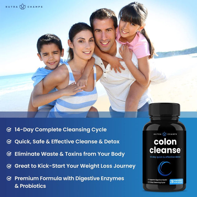 Nutrachamps Colon Cleanse & Detox for Weight Loss [14 Day Quick Cleanser] Safe & Effective Formula with Probiotic & Digestive Enzymes for Constipation Relief - Capsules Supplement to Flush Toxins