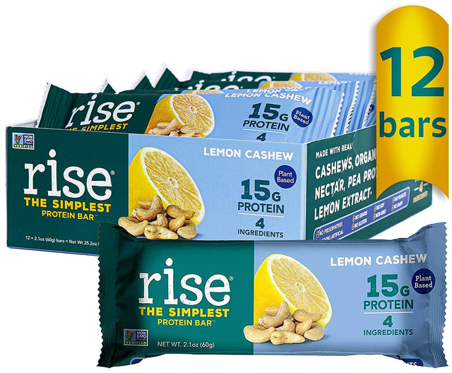 Rise Pea Protein Bar - Vegan Lemon Cashew, Soy Free, Paleo Breakfast & Snack Bar, 15G Protein, 4 Natural Whole Food Ingredients, Simplest Non-Gmo, Vegan, Gluten Free, Plant Based Protein, 12 Pack