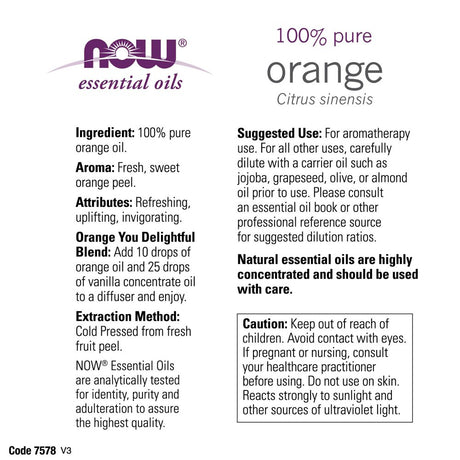 NOW Essential Oils, Orange Oil, Cold Pressed, 100% Pure, Vegan, Child Resistant Cap, 4-Ounce