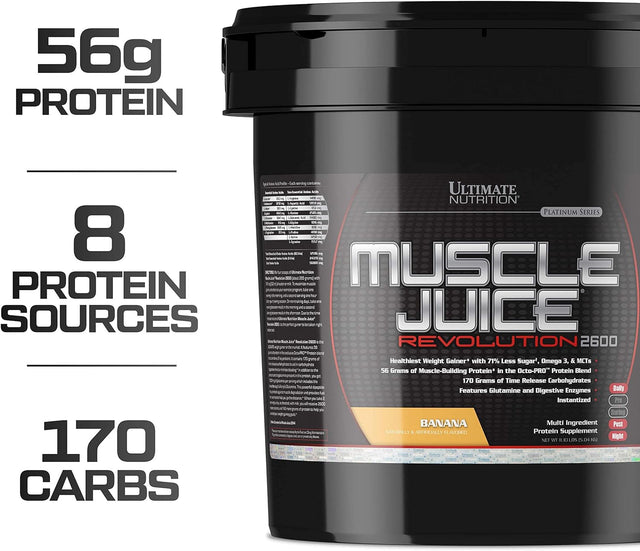 Ultimate Nutrition Muscle Juice Revolution 2600 Weight Gainer, Muscle Recovery with Glutamine, Micellar Casein and Time Release Complex Carbohydrates, Banana Protein Powder, 11.1 Pounds