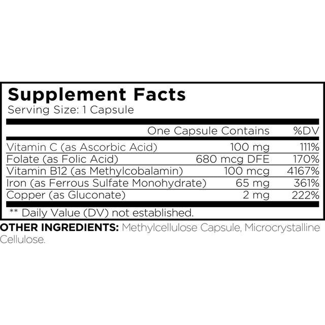 Amen Iron Ultra Supplement + Copper, Folate, Vitamin C & B12, Ferrous Sulfate 65Mg Iron Pills, 60 Ct