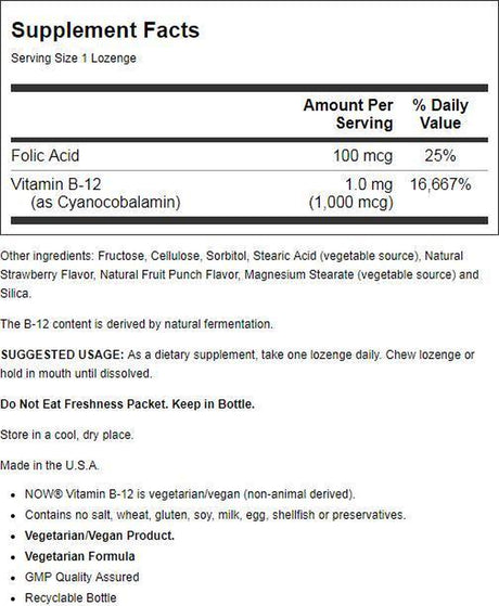 NOW Supplements, Vitamin B-12 1,000 Mcg with Folic Acid, Nervous System Health*, 100 Chewable Lozenges