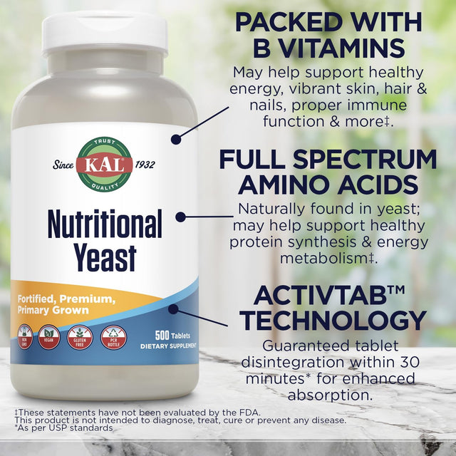 KAL Nutritional Yeast Supplement, Fortified W/ B12, Biotin, Folic Acid, Other B Vitamins, Naturally Occurring Amino Acids, Healthy Hair, Skin & Energy Support, Vegan, Gluten Free, 83 Serv, 500 Tablets