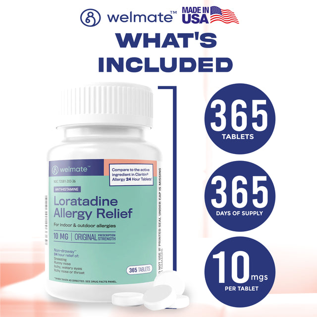 WELMATE Antihistamine Allergy Relief - Loratadine 10Mg - 24 Hour Relief - 365 Count Tablets