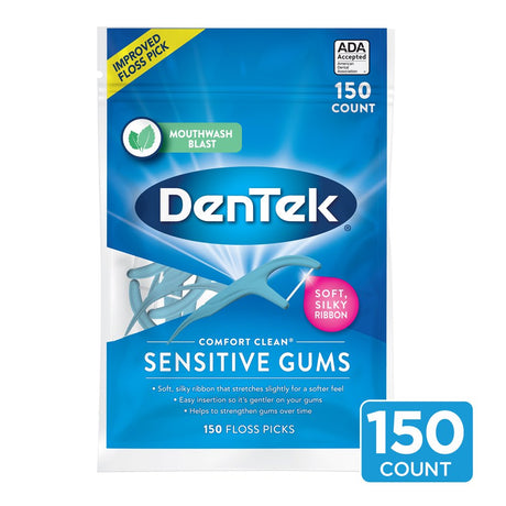 Dentek Comfort Clean Sensitive Gums Floss Picks, Soft & Silky Ribbon, 150 Count