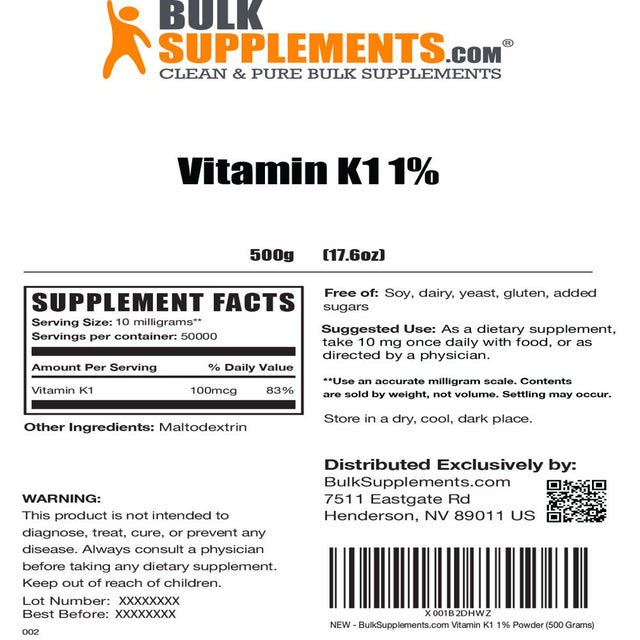 Bulksupplements.Com Vitamin K1 (1%) Powder - Vitamin K1 for Dogs - Vitamin K Supplements - Dry Vitamin K (500 Grams)