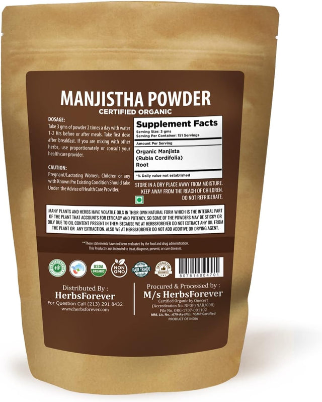 Herbsforever Manjistha Powder – Rubia Cordifolia – Skin Care Herb – Support Detoxification and Purification – Non GMO, Organic, Vegan – 454 GMS