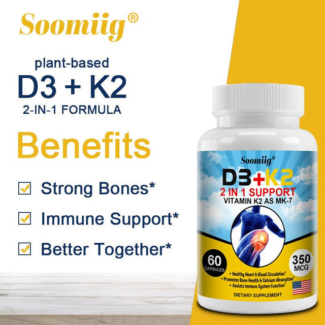 Soomiig D3+K2 Supplement 2-In-1 Supports Vitamin K2 as MK-7 to Support Heart, Blood Circulation, Bones, Colon Absorption