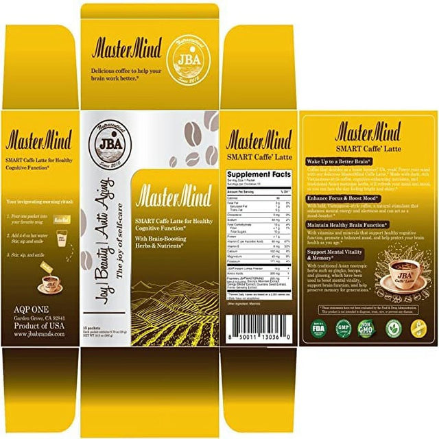 JBA Caffe Latte with Collagen with Brain-Boosting Herbs & Nutrients Promotes Mental Energy & Focus, Encourages a Peaceful, Positive Mood (Mastermind Smart Caffe Latte)