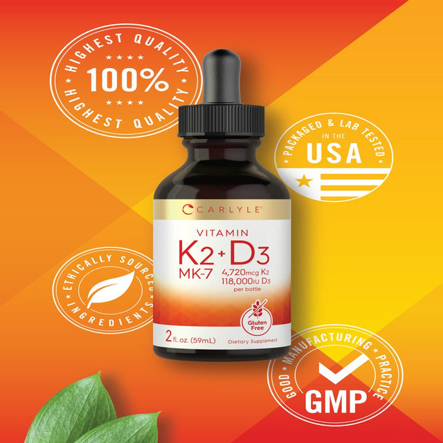 Vitamin K2 MK7 and D3 Liquid Drops | 2 Fl Oz | Vegetarian Supplement | by Carlyle