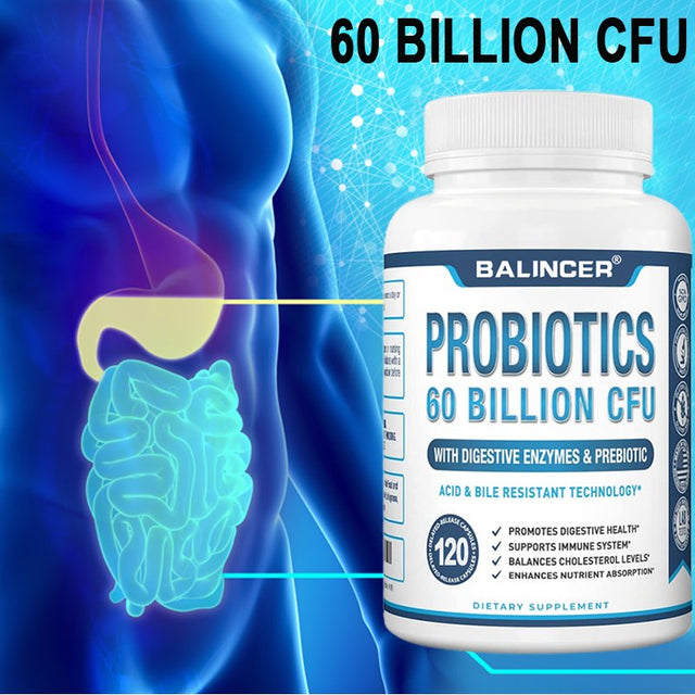 Balincer Premium Probiotics 60 Billion CFU Organic Prebiotics & Digestive Enzymes; Formulated Probiotics for Men & Women; Shelf Stable Acidophilus 30/60/120 Capsules-120Capsules