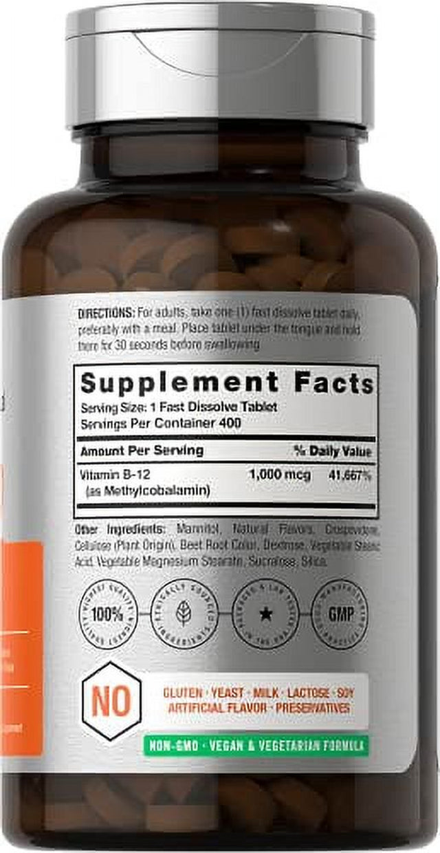 Vitamin B12 Sublingual 1000 Mcg | 400 Fast Dissolve Tablets | Methylcobalamin Supplement for Adults | Natural Berry Flavor | Vegan, Vegetarian, Non-Gmo, and Gluten Free | by Horbaach