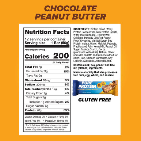 Pure Protein Bars, Chocolate Peanut Butter, 20G Protein, Gluten Free, 1.76 Oz, 12 Ct