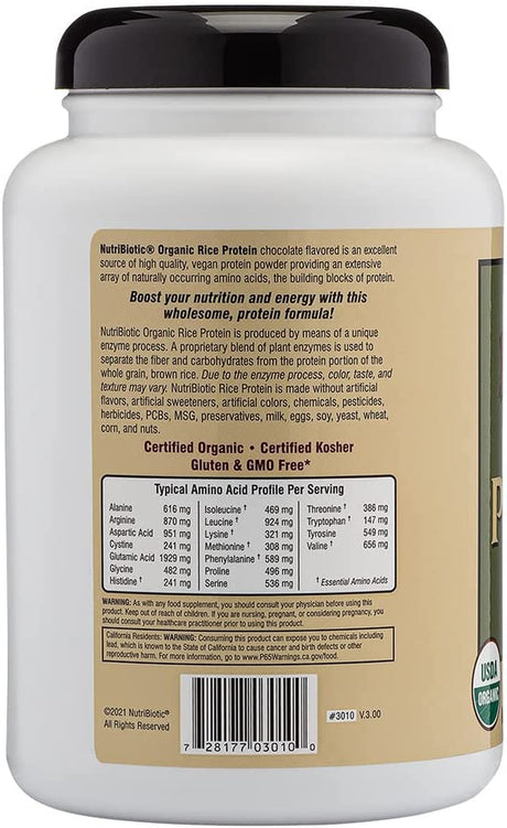 Nutribiotic Certified Organic Rice Protein Chocolate, 22.9 Oz | Low Carbohydrate Vegan Protein Powder | Raw, Certified Kosher & Keto Friendly | Made without Chemicals, Gmos & Gluten | Easy to Digest