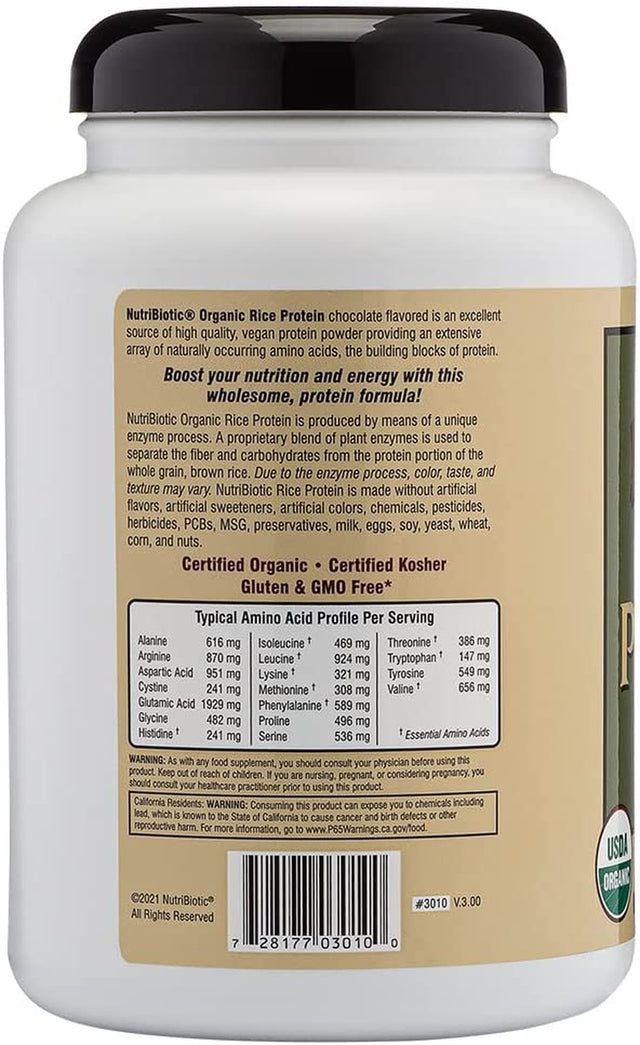 Nutribiotic Certified Organic Rice Protein Chocolate, 22.9 Oz | Low Carbohydrate Vegan Protein Powder | Raw, Certified Kosher & Keto Friendly | Made without Chemicals, Gmos & Gluten | Easy to Digest