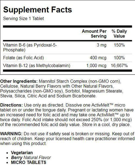 KAL B-6, B-12, and Folic Acid Activmelt | Healthy Heart & Energy Support | Natural Berry Flavor | Superior Vitamin B Complex | 60 Micro Tablets