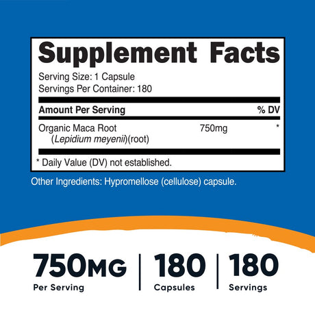 Nutricost Maca Root 750Mg, 180 Capsules, 180 Servings - Vegetarian Supplement
