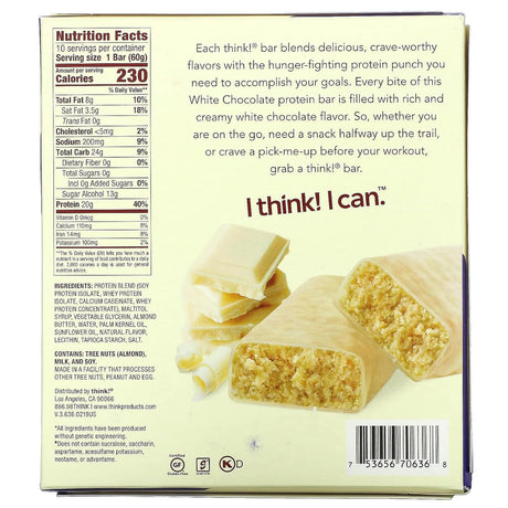 Think ! High Protein Bars, White Chocolate, 10 Bars, 2.1 Oz (60 G) Each