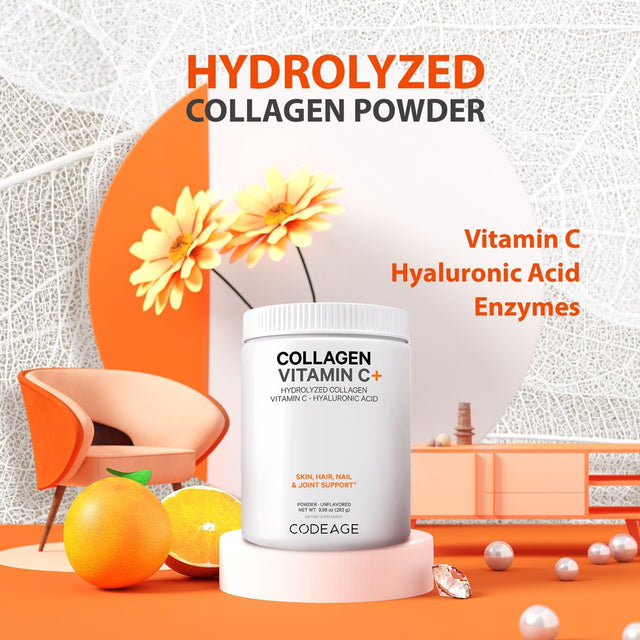 Codeage Collagen Peptides Powder, Type 1 & 3 Grass-Fed Bovine, Vitamin C, Enzymes, Hyaluronic Acid, 9.98 Oz