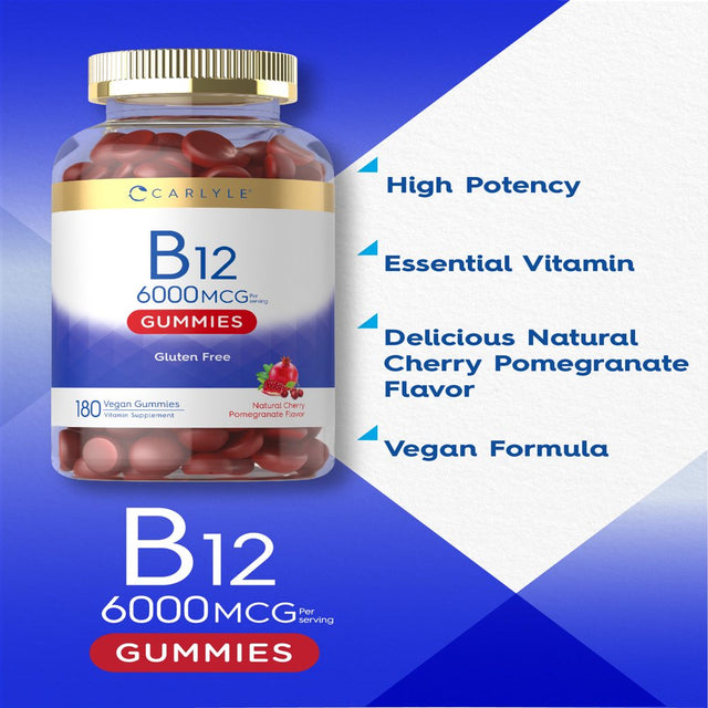 Vitamin B12 Gummies 6000Mcg | 180 Count | Natural Cherry Pomegranate Flavor | Vegan Formula | by Carlyle