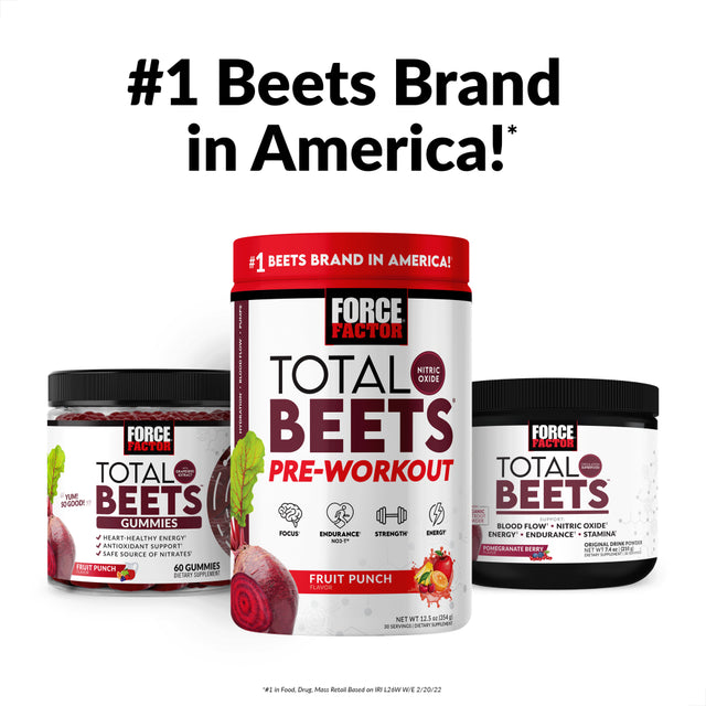 Force Factor Total Beets Pre-Workout Powder to Boost Energy & Endurance, Increase Strength, and Improve Blood Flow and Pumps, Nitric Oxide Supplement with Beet Root Powder, Fruit Punch, 30 Servings