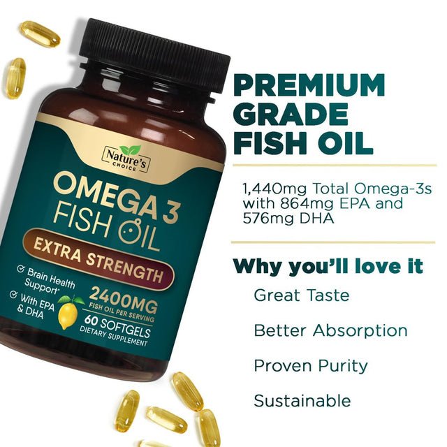 Triple Strength Omega 3 Fish Oil 2400 Mg Softgels, Nature'S Fish Oil Supplements, Brain & Heart Health Support - EPA & DHA, 1200 MG Fish Oil in Each Softgel, Omega-3 Supplement - 60 Fish Oil Softgels