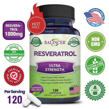 Balincer 100% Natural Resveratrol - 1000Mg per Serving Max Strength (60/120 Capsules) Antioxidant Supplement, Trans-Resveratrol Pills for Heart Health & Pure, Trans Resveratrol & Polyphenols