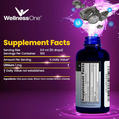 Wellnessone Liquid Lithium Supplements - Ionic Lithium Supplement Liquid Vitamins for Mood, Focus & Brain Support - Easy-To-Take Organic Brain & Focus Supplement for Men, Women & Kids - 1.67 Fl Oz