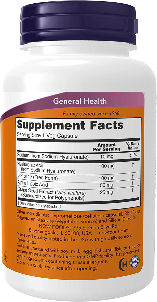 NOW Supplements, Hyaluronic Acid 100 Mg, Double Strength with L-Proline, Alpha Lipoic Acid and Grape Seed Extract, 120 Veg Capsules