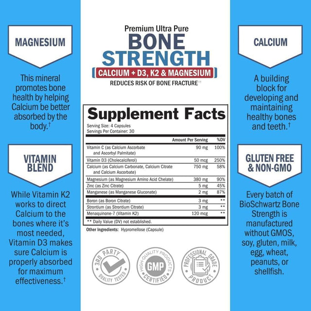 Bioschwartz Bone Strength Supplement with Calcium + D3, K2 & Magnesium for Women and Men - 120Ct