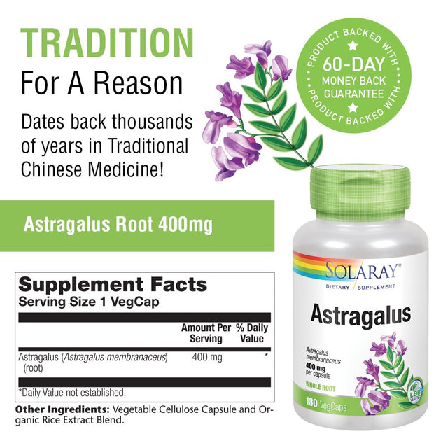 Solaray Astragalus Root 400Mg | Adaptogen Herb | Non-Gmo, Vegan & Lab Verified | 180 Vegcaps