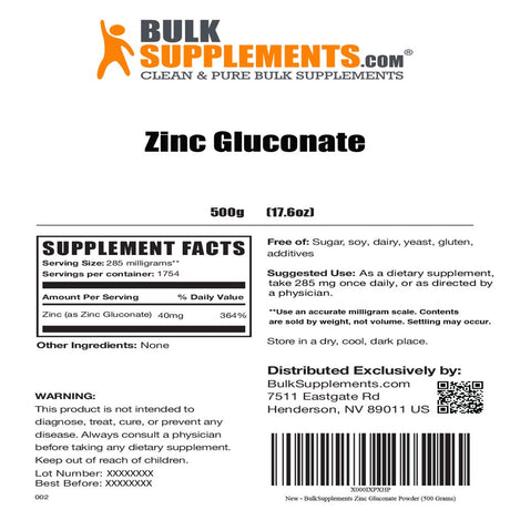 Bulksupplements.Com Zinc Gluconate Powder, 285Mg - Skin & Vision Support Supplement (500G - 1754 Serv)