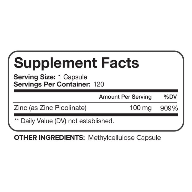 Nutrivein Premium Zinc Picolinate 100Mg - 120 Capsules - Immunity Defense Boost