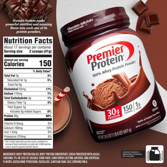 Premier Protein 100% Whey Protein Powder, Chocolate Milkshake, 30G Protein, 24.5 Oz, 1.5 Lb