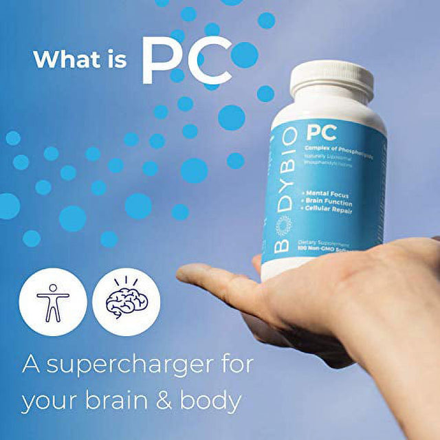 Bodybio - PC Phosphatidylcholine + Phospholipids - Liposomal for High Absorption - Optimal Brain & Cell Health - Boost Memory, Cognition, Focus & Clarity - 100% Non-Gmo - 60 Softgels