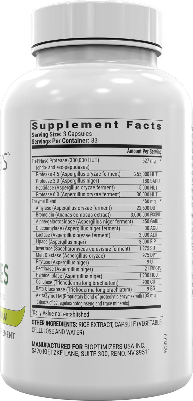 Bioptimizers - Masszymes 3.0 with Astrazyme - Digestive Enzyme Supplement for Better Absorption - Relief from Bloating, Constipation, and Gas - Contains Lipase, Amylase, and Bromelain, 250 Capsules