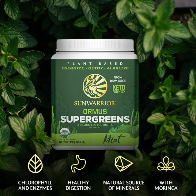 Sunwarrior Ormus Supergreen | Organic Probiotic Powder, Mint, 225G