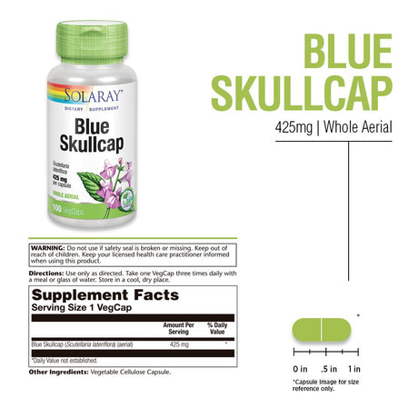 Solaray Blue Skullcap 425Mg | Whole Aerial | Healthy Mood and Normal GABA Activity Support | Vegan | 100 Vegcaps