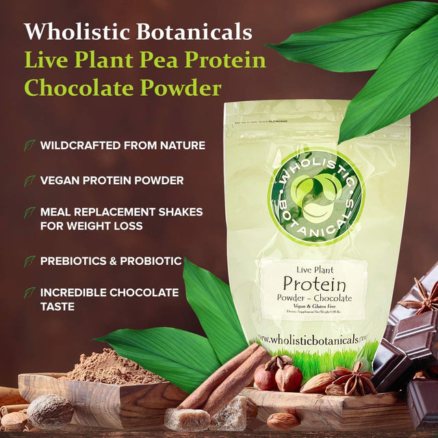 Wholistic Botanicals Live Plant Pea Protein — Natural Pea Protein Powder Vegan, Natural Pure Protein Plant-Based Blend for Weight Loss, Probiotic Meal Replacement — Chocolate Powder