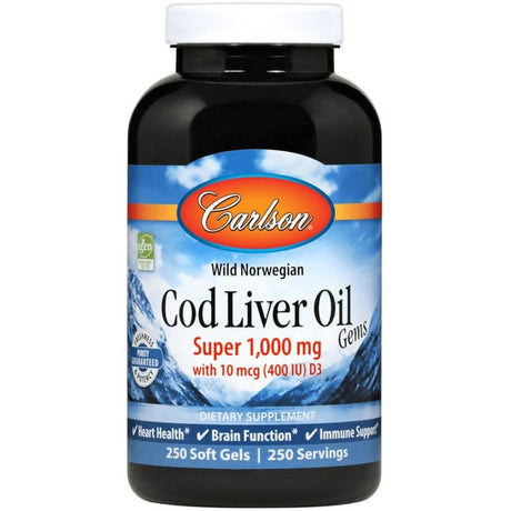 Carlson - Cod Liver Oil Gems, Super 1000 Mg, 250 Mg Omega-3S + a & D3, Norwegian, Wild Caught, 250 Softgels