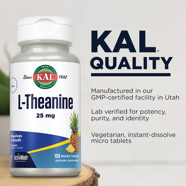 KAL L-Theanine 25 Mg Activmelt | Healthy Relaxation, Stress, Mood & Focus Support | Natural Pineapple Dream Flavor | Vegetarian | 120 Micro Tablets